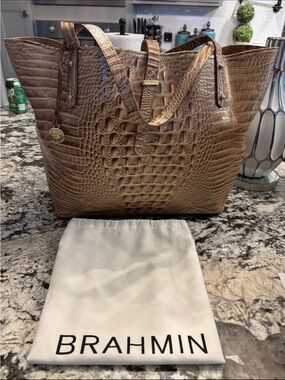 Brahmin Croc-Embossed Taupe Leather Tote